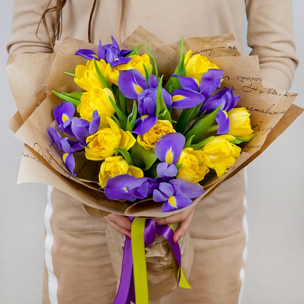 Irises - 10, Yellow tulip - 15, Wrapping Paper, Ribbon