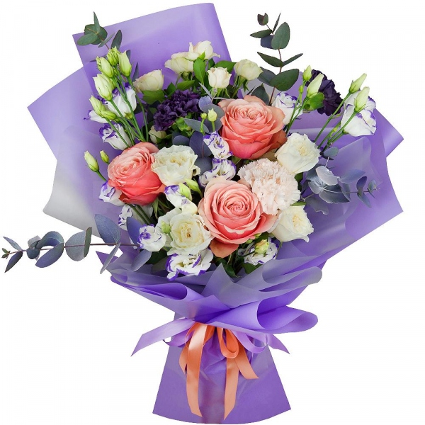 Peony rose Kahala 50 cm - 5, Purple Lisianthus (Eustoma) - 4, Lilac carnation - 2, Spray rose: white, cream, light pink 50 cm - 4, White rose 50 cm - 5, Carnation white, cream - 3, Eucalyptus Cinerea, Wrapping Paper