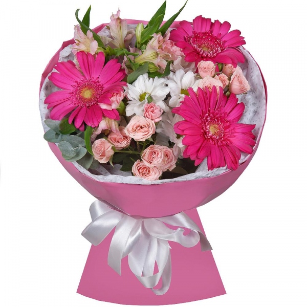 Bacardi White Spray Chrysanthemum - 2, Bright pink spray rose mix, 50 cm - 3, Alstromeria white, soft pink - 3, Gerbera pink - 5, Eucalyptus Cinerea, Wrapping Paper