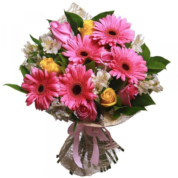 Pink rose 50 cm - 7, Yellow rose 50 cm - 7, Gerbera pink - 7, Alstromeria white, soft pink - 8, Salal, Sisal, Ribbon