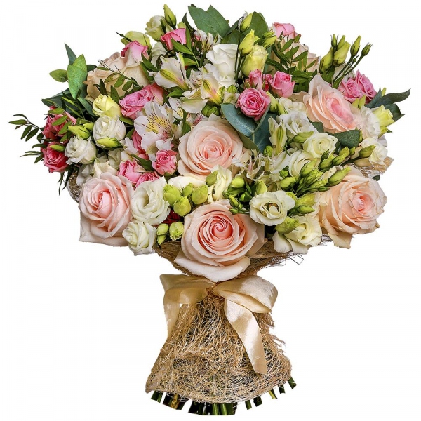 Rose Cream 50 cm - 13, Bright pink spray rose mix, 50 cm - 13, lisianthus - 11, Alstromeria white, soft pink - 7, Pistachio, Eucalyptus Cinerea, Sisal, Ribbon