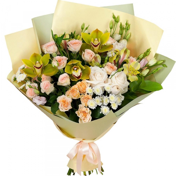 White rose 50 cm - 7, Green Cymbidium Orchid Bud - 5, Pink Lisianthus (Eustoma) - 5, Alstromeria Yellow, Orange - 4, Spray rose: white, cream, light pink 50 cm - 6, Athos poms Stallion - 4, Flask for orchids, Ruscus, Wrapping Paper