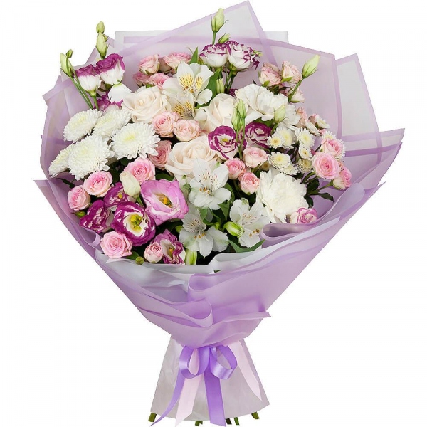 White rose 50 cm - 5, Bright pink spray rose mix, 50 cm - 7, Alstromeria white, soft pink - 3, Pink Lisianthus (Eustoma) - 6, Athos poms Stallion - 2, Baltica White Spray Chrysanthemum - 3, Carnation white, cream - 3, Wrapping Paper