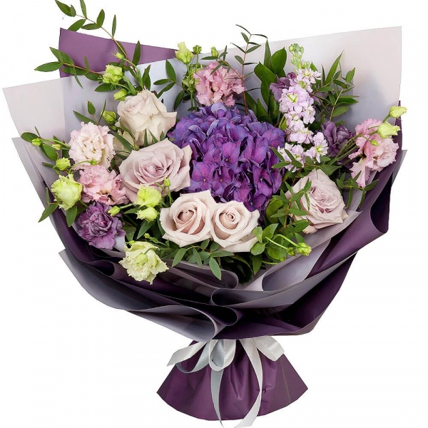 Blue/purple hydrangea - 2, Pink rose 50 cm - 7, Matthiola Lilac - 4, Lilac carnation - 6, Pink Lisianthus (Eustoma) - 5, Ruscus, Eucalyptus parvifolia (1 pc.), Wrapping Paper
