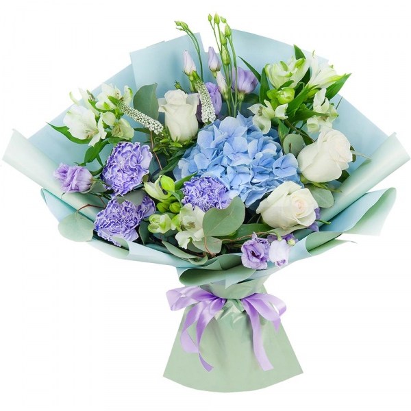 Blue/purple hydrangea - 2, Lilac carnation - 5, Alstromeria white, soft pink - 4, Purple Lisianthus (Eustoma) - 4, White rose 50 cm - 5, Veronica spray, Eucalyptus populus (1 pc.), Wrapping Paper