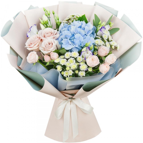 Blue/purple hydrangea - 2, Rose Powder 50 cm Ecuador (Quicksand, Menta) - 5, Spray rose: white, cream, light pink 50 cm - 4, Purple Lisianthus (Eustoma) - 4, Athos poms Stallion - 4, Eucalyptus populus (1 pc.), Wrapping Paper