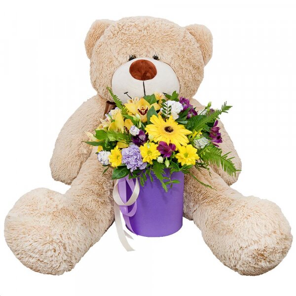 Gerbera yellow - 3, Lilac carnation - 3, Orchid bud yellow/brown Cymbidium - 3, Alstromeria Yellow, Orange - 2, Bacardi Yellow Spray Chrysanthemum - 3, Alstromeria lilac, purple - 2, Purple Lisianthus (Eustoma) - 7, Round flower box small , Film, Oasis, Pistachio, Ruscus, Ambrella, Flask for orchids, Ribbon, Teddy bear 90 cm