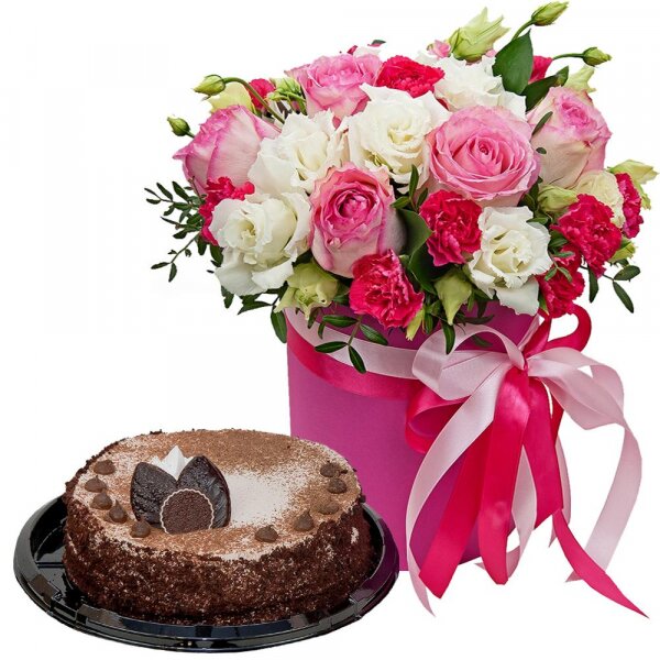 Pink rose 50 cm - 11, lisianthus - 5, Pink spray carnation - 5, Round flower box small , Oasis, Film, Pistachio, Ruscus, Ribbon, Cake in assortment