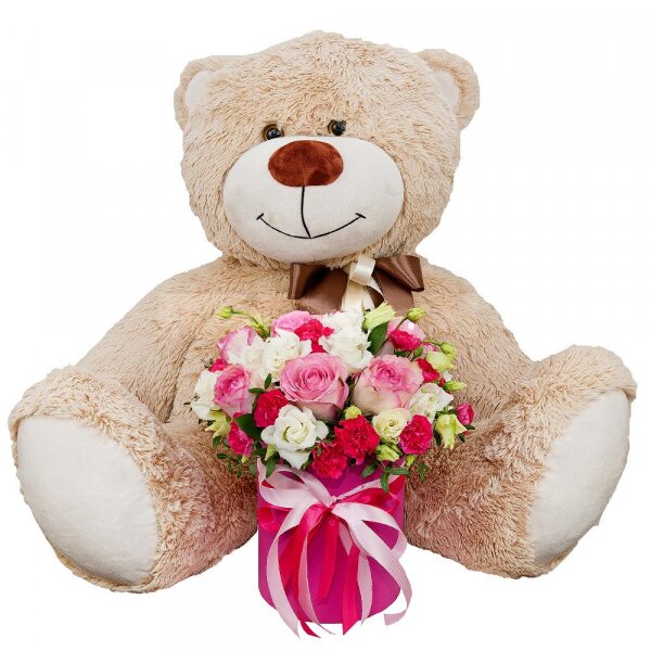 Pink rose 50 cm - 11, lisianthus - 5, Pink spray carnation - 5, Round flower box small , Oasis, Film, Pistachio, Ruscus, Ribbon, Teddy bear 70 cm