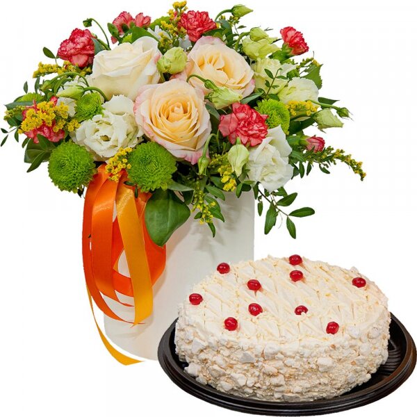 Rose Cream 50 cm - 5, Athos pom Feeling Green - 3, lisianthus - 4, Pink spray carnation - 4, Round flower box small , Oasis, Film, Solidago (1 pc.), Pistachio, Ribbon, Cake in assortment