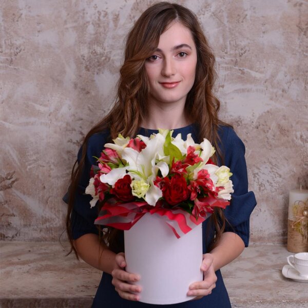 Lilies - 3, Rose 40 cm - 6, Alstromeria Red, Bright Pink - 4, lisianthus - 4, Eucalyptus Cinerea, Round flower box small , Oasis, Film, Ruscus