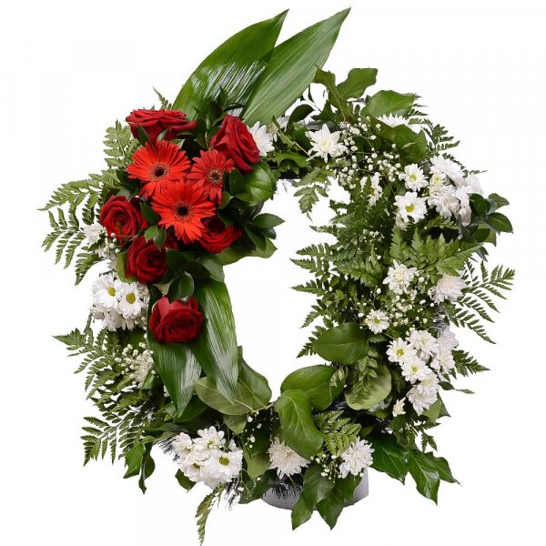 Red rose 50 cm - 10, Santini White Spray Chrysanthemum - 15, Gerbera red - 6, Gypsophila - 3, Funeral wreath frame, Ruscus, Salal, Fern (1 pc.), Aspidistra (1 pc.)
