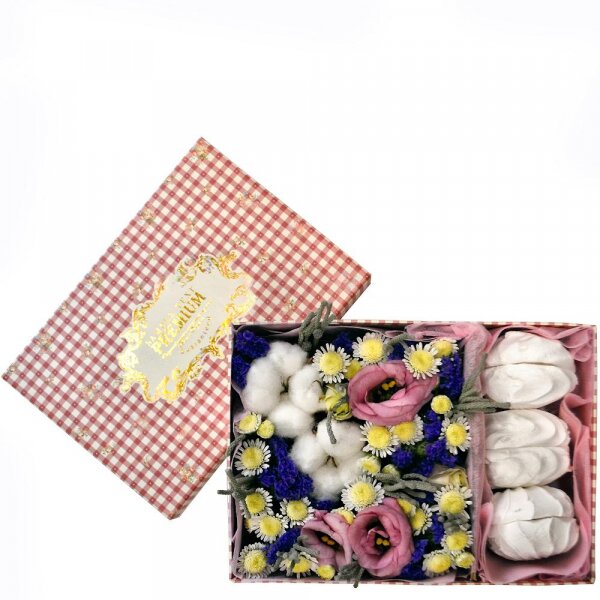 Pink Lisianthus (Eustoma) - 3, Athos poms Stallion - 3, Blue Statice, Marsh-mallow, Cotton bud, Composition Box, Felt, Oasis