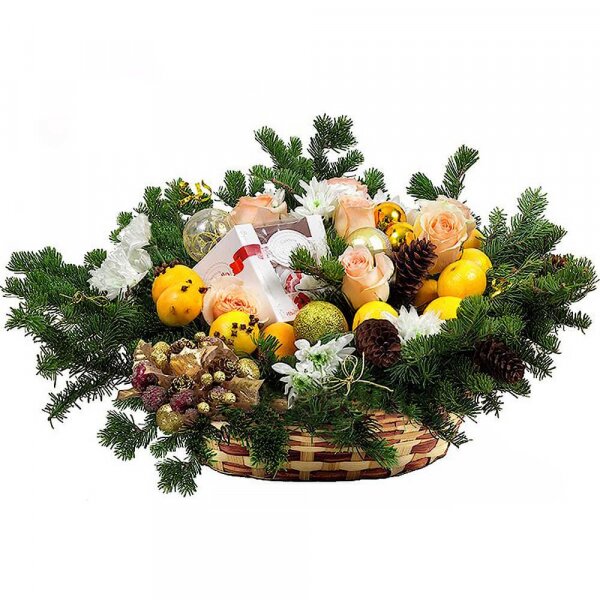 Pink rose 50 cm - 11, Baltica White Spray Chrysanthemum - 4, Tangerine, 1 pc., Spruce branches (1pc.), Christmas decor (set), Medium Basket, Oasis, Box of candies «Raffaello» 150 g
