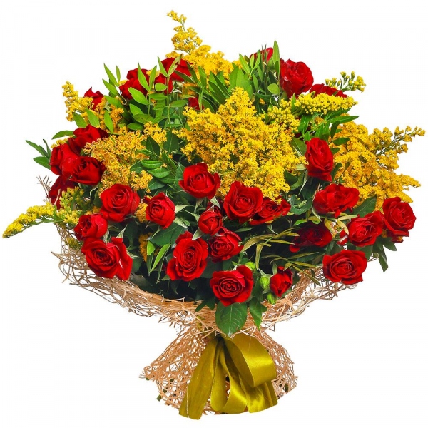 Spray rose: red 50 cm - 15, Solidago (1 pc.), Pistachio, Mesh (Abaka), Ribbon