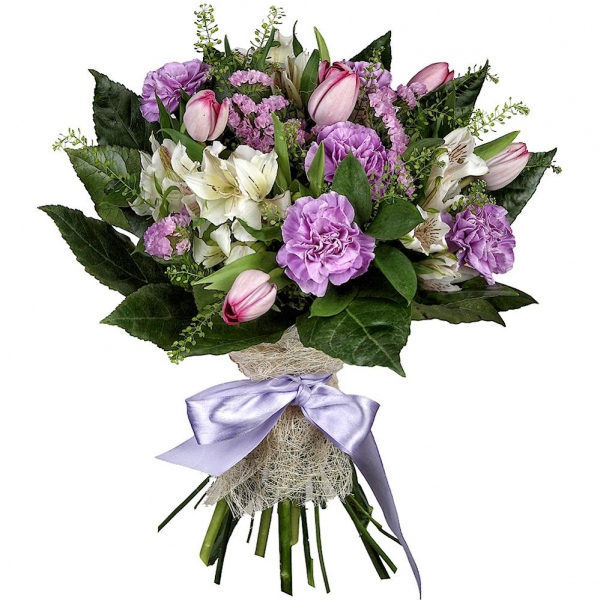 Lilac carnation - 9, Alstromeria white, soft pink - 5, Pink tulip - 9, Pink Statice, Green bell (1 pc.), Fatsia (1 pc.), Ruscus, Sisal, Ribbon