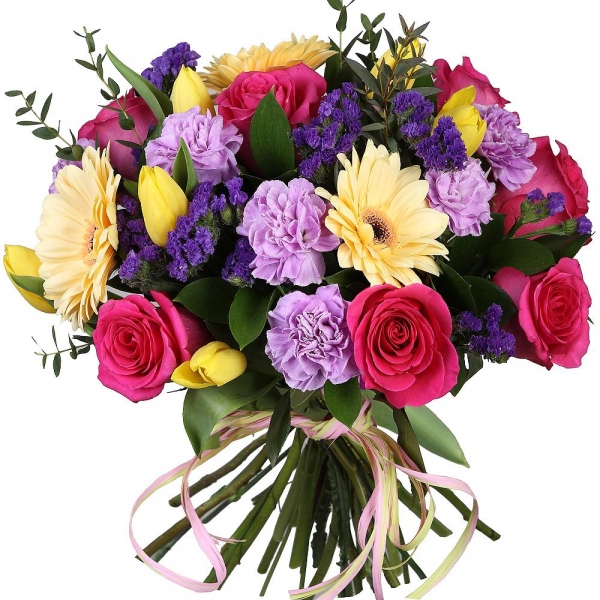 Pink rose 50 cm - 11, Gerbera yellow - 5, Yellow tulip - 9, Lilac carnation - 9, Blue Statice, Eucalyptus parvifolia (1 pc.), Ruscus, Ribbon