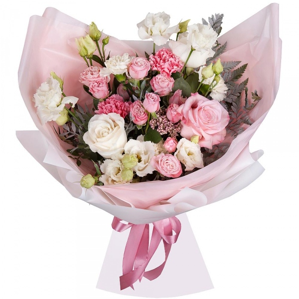 Роза розовая 50 см - 2, Роза белая 50 см - 3, Роза кустовая розовая, ярко-розовая 50 см - 3, Гвоздика белая, кремовая - 4, Лизиантус - 4, Гвоздика розовая - 3, Озотамнус, Фисташка, Папоротник, Современная упаковка