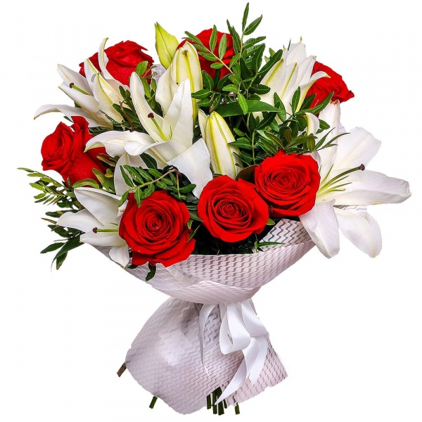 Red rose 50 cm - 7, Lilies - 3, Felt, Ribbon, Pistachio
