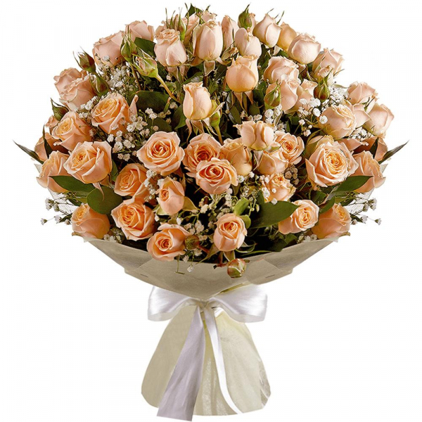 Spray rose: white, cream, light pink 50 cm - 16, Gypsophila - 1, Wrapping Paper