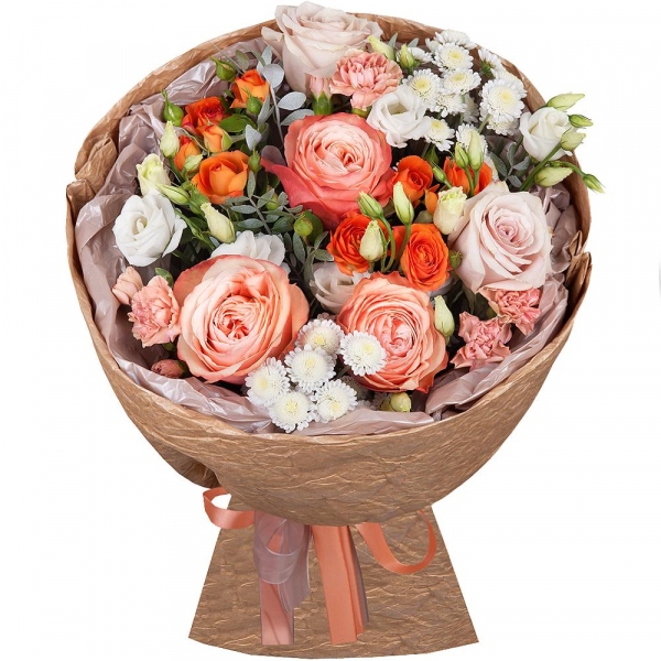 Peony rose Kahala 50 cm - 3, Rose Powder 50 cm Ecuador (Quicksand, Menta) - 2, Athos poms Stallion - 2, Spray rose: yellow, orange 50 cm - 2, lisianthus - 1, Pink spray carnation - 3, Pistachio, Paper luxury, Ribbon