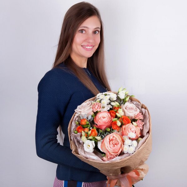 Peony rose Kahala 50 cm - 3, Rose Powder 50 cm Ecuador (Quicksand, Menta) - 2, Athos poms Stallion - 2, Spray rose: yellow, orange 50 cm - 2, lisianthus - 1, Pink spray carnation - 3, Pistachio, Paper luxury, Ribbon