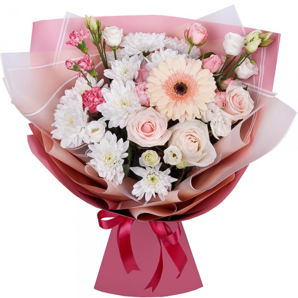 Gerbera pink - 1, Baltica White Spray Chrysanthemum - 2, Spray rose: white, cream, light pink 50 cm - 2, Pink spray carnation - 1, lisianthus - 1, Rose Cream 50 cm - 3, Wrapping Paper