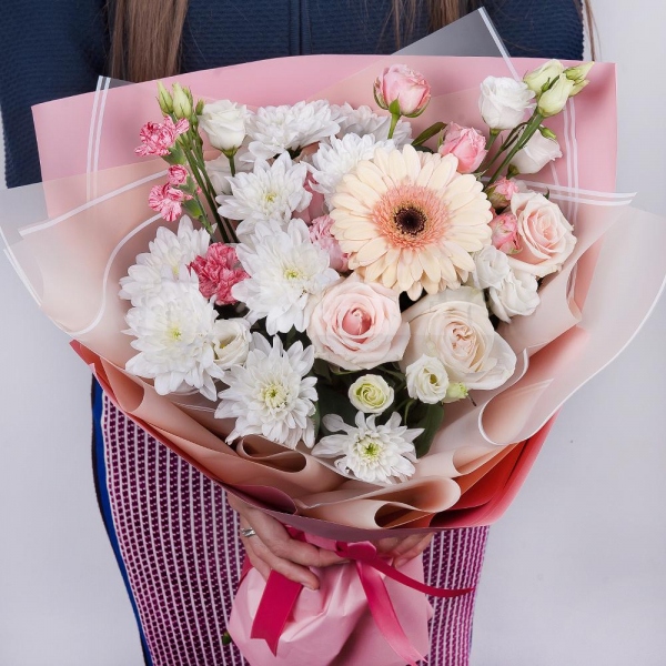 Gerbera pink - 1, Baltica White Spray Chrysanthemum - 2, Spray rose: white, cream, light pink 50 cm - 2, Pink spray carnation - 1, lisianthus - 1, Rose Cream 50 cm - 3, Wrapping Paper