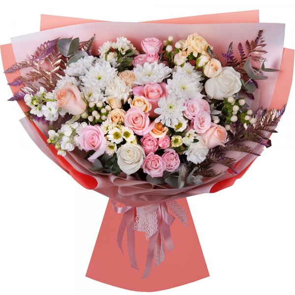 Baltica White Spray Chrysanthemum - 2, Santini White Spray Chrysanthemum - 3, Spray rose: white, cream, light pink 50 cm - 2, Carnation white, cream - 3, Peony sprayrose - 3, White Matthiola - 2, Pink rose 50 cm - 3, White rose 50 cm - 2, Rose Cream 50 cm - 2, Hypericum, Eucalyptus Cinerea, Pistachio, Fern (1 pc.), Wrapping Paper