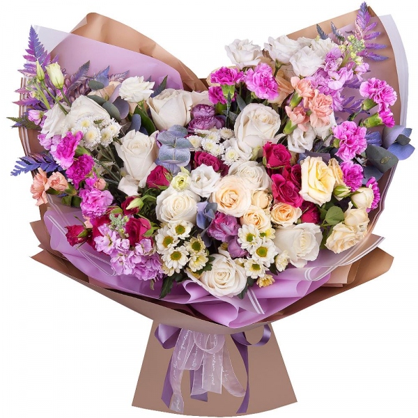 White rose 50 cm - 9, Pink spray carnation - 8, lisianthus - 3, Athos poms Stallion - 2, Santini White Spray Chrysanthemum - 2, Spray rose: white, cream, light pink 50 cm - 8, Pink Matthiola - 3, Pistachio, Fern (1 pc.), Wrapping Paper