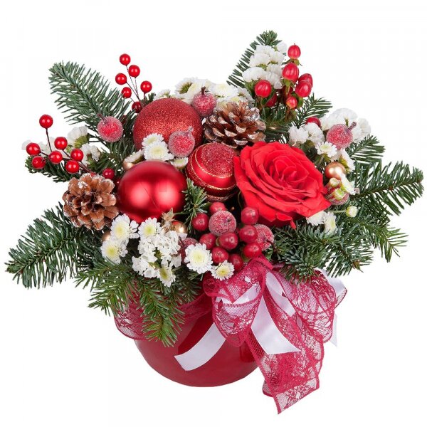 Red rose 50 cm - 3, Athos poms Stallion - 2, Ceramic pot, Oasis, Spruce branches (1pc.), Christmas decor (set), White statice, Hypericum, Ribbon