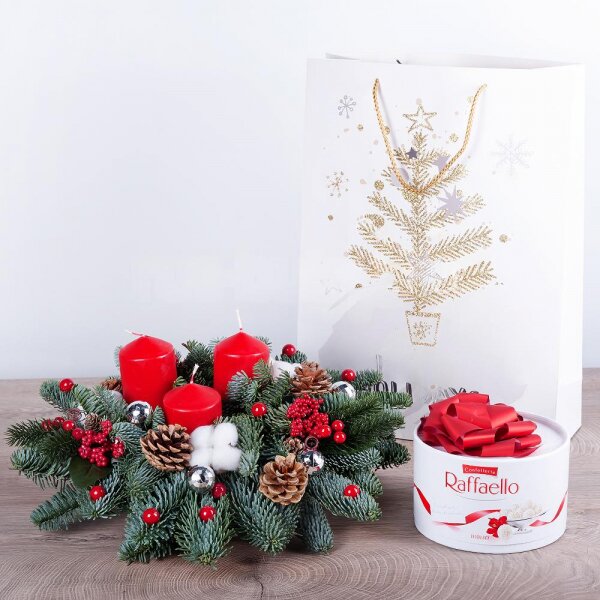 Candle, Cotton bud, Christmas decor (set), Oasis, Spruce branches (1pc.), Present bag, Sweets 