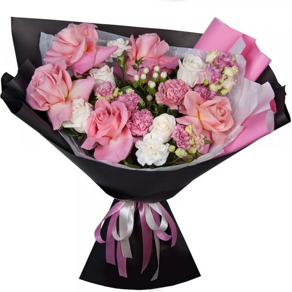 Rose Pink 50 cm Ecuador (Chelo, Hermosa, Novia, Titanik, Engagement, Pink Mondiale) - 5, White rose 50 cm - 3, Pink carnation - 3, Pink Lisianthus (Eustoma) - 2, Carnation white, cream - 2, Hypericum, Pistachio, Wrapping Paper