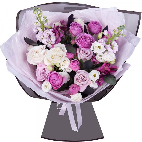 Pink rose 50 cm - 3, White rose 50 cm Ecuador - 2, Pink Matthiola - 2, Spray peony rose Misty Bubbles, 50 cm - 2, lisianthus - 3, Alstromeria lilac, purple - 2, Eucalyptus populus (1 pc.), Wrapping Paper