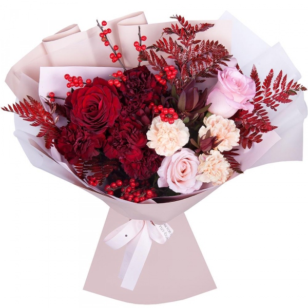 Red rose 50 cm - 1, Pink rose 50 cm - 2, Carnation red - 5, Carnation white, cream - 3, Fern (1 pc.), Leukodendron, Wrapping Paper, Ribbon, Ilex