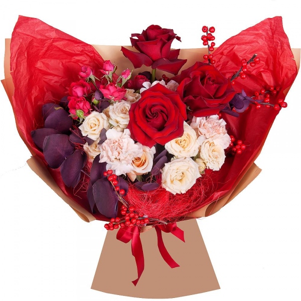 Spray rose: red 50 cm - 2, Red rose 50 cm - 3, Carnation white, cream - 3, Spray rose: white, cream, light pink 50 cm - 2, Eucalyptus Cinerea, Wrapping Paper, Ilex, Sisal