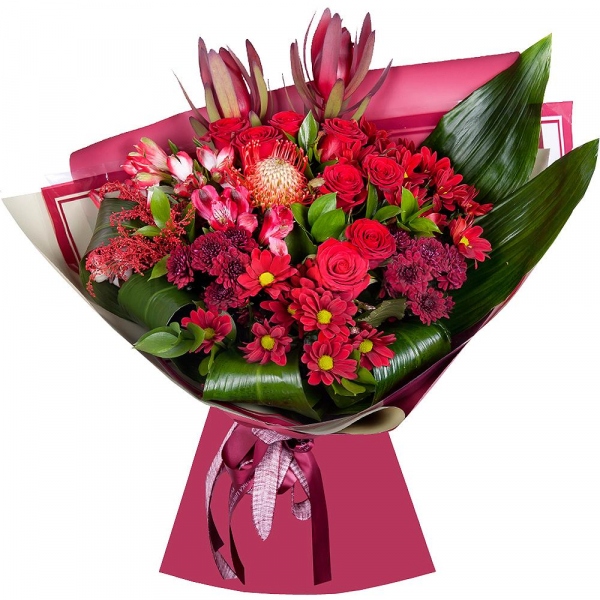 Bacardi Red Spray Chrysanthemum - 3, Red rose 50 cm - 10, Alstromeria Red, Bright Pink - 4, Daisy poms Santini pink, purple - 3, Leukodendron, Aspidistra (1 pc.), Solidago (1 pc.), Wrapping Paper, Ribbon, Ruscus, Nutan