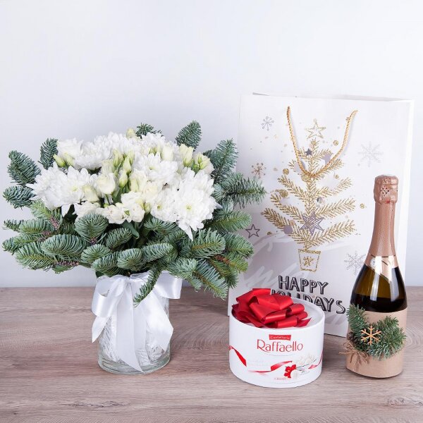 Baltica White Spray Chrysanthemum - 4, lisianthus - 3, Spruce branches (1pc.), Ribbon, Non-alcoholic champagne or wine, Sweets 