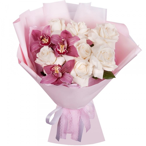 Pink Cymbidium Orchid Bud - 5, White rose 50 cm Ecuador - 11, Flask for orchids, Wrapping Paper