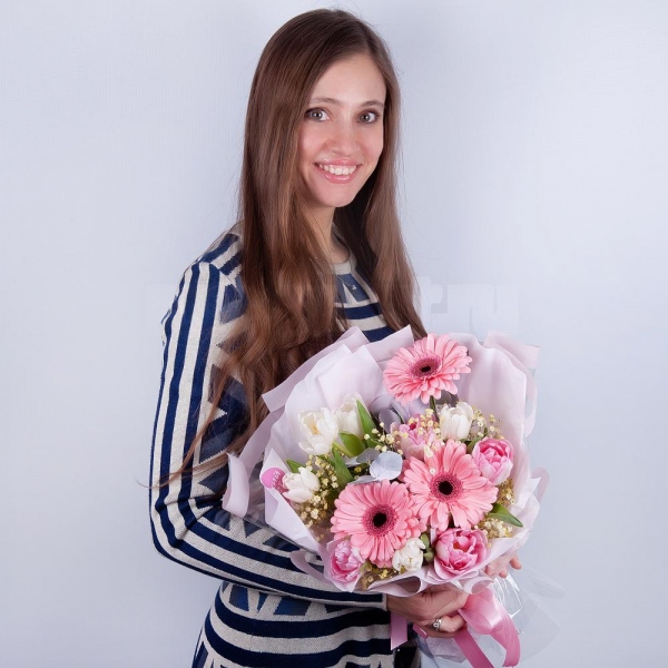 Tulip white - 7, Gerbera pink - 5, Gypsophila - 1, Pink tulip - 7, Eucalyptus Cinerea, Wrapping Paper, Ribbon