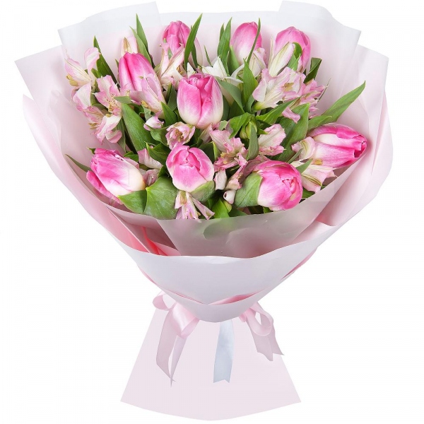 Alstromeria white, soft pink - 9, Pink tulip - 13, Wrapping Paper, Ribbon