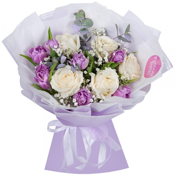 White rose 50 cm - 9, Lilac tulip - 11, Gypsophila - 1, Eucalyptus Cinerea, Wrapping Paper
