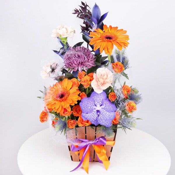Gerbera daisies - 2, Chrysanthemum Bigoudi purple - 2, Spray rose: yellow, orange 50 cm - 3, Vanda Orchid bud - 2, Carnation white, cream - 5, Wooden pot, Oasis, Ruscus, Pistachio, Flask for orchids, Eryngium, Dried flowers decor, Decorative element small, Ribbon