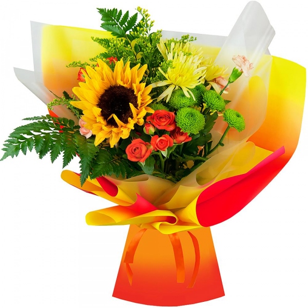 Sunflower - 1, Baltica Yellow Spray Chrysanthemum - 2, Spray rose: yellow, orange 50 cm - 3, Pink spray carnation - 3, Athos pom Feeling Green - 1, Solidago (1 pc.), Fern (1 pc.), Wrapping Paper