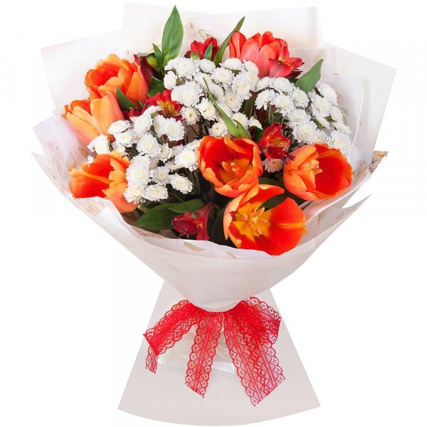Alstromeria Red, Bright Pink - 2, Athos poms Stallion - 3, Orange tulip - 7, Wrapping Paper