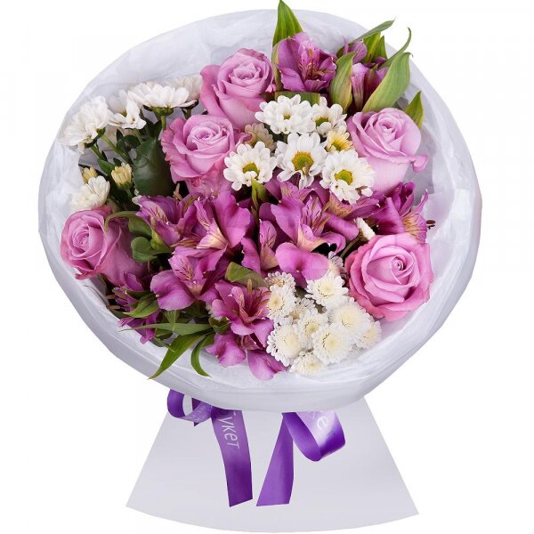 Pink rose 50 cm - 5, Alstromeria lilac, purple - 3, Santini White Spray Chrysanthemum - 2, Athos poms Stallion - 1, Wrapping Paper, Ribbon