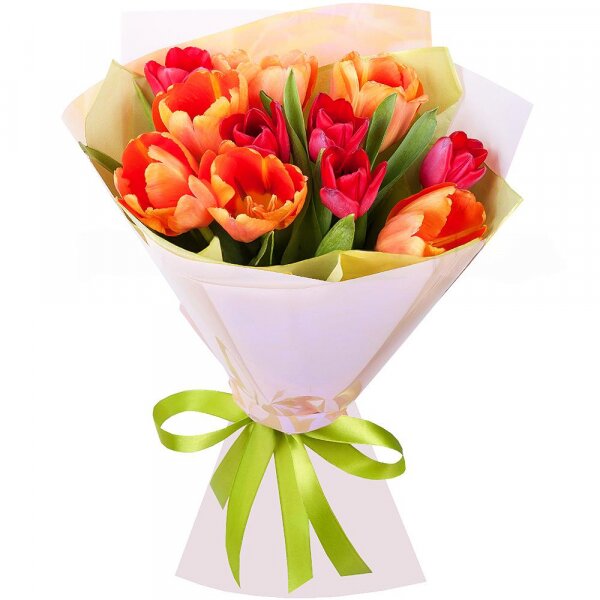 Тюльпан красный - 6, Тюльпан оранжевый - 7, Современная упаковка, Лента