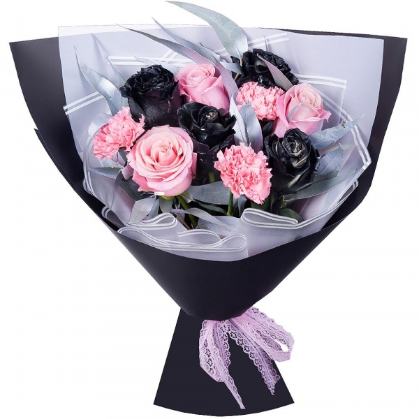 Rose black - 5, Pink rose 50 cm - 4, Pink carnation - 7, Eucalyptus, Wrapping Paper