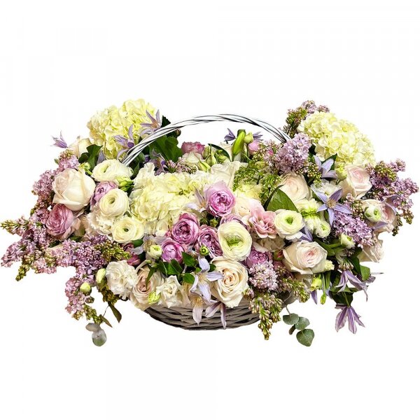  White Hydrangea - 5, Spray peony rose Misty Bubbles, 50 cm - 10, Lilac Bush - 10, Peony style roses - 21, Pink lily - 1, lisianthus - 10, Ranunculus White - 10, Large Basket, Oasis, Eucalyptus Cinerea, Clematis branch