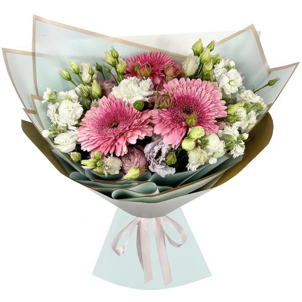 Gerbera pink - 3, White Matthiola - 2, Carnation white, cream - 1, lisianthus - 2, Peony sprayrose - 1, Purple Lisianthus (Eustoma) - 2, Wrapping Paper